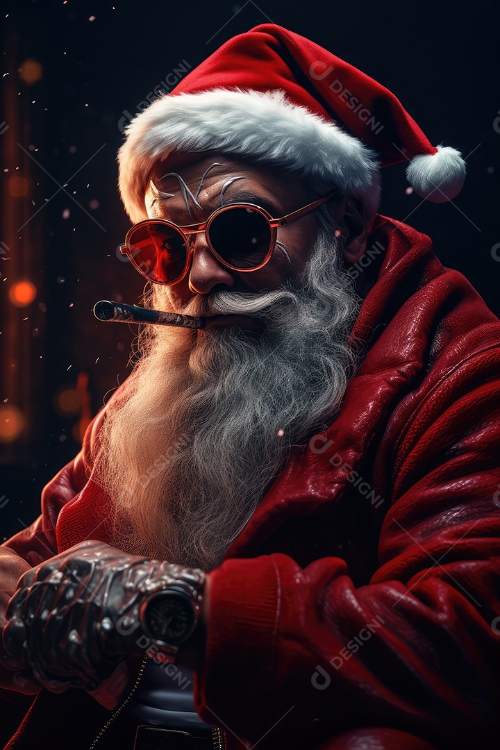 Retrato de Papai Noel com cara de gangster, roqueiro e motociclista