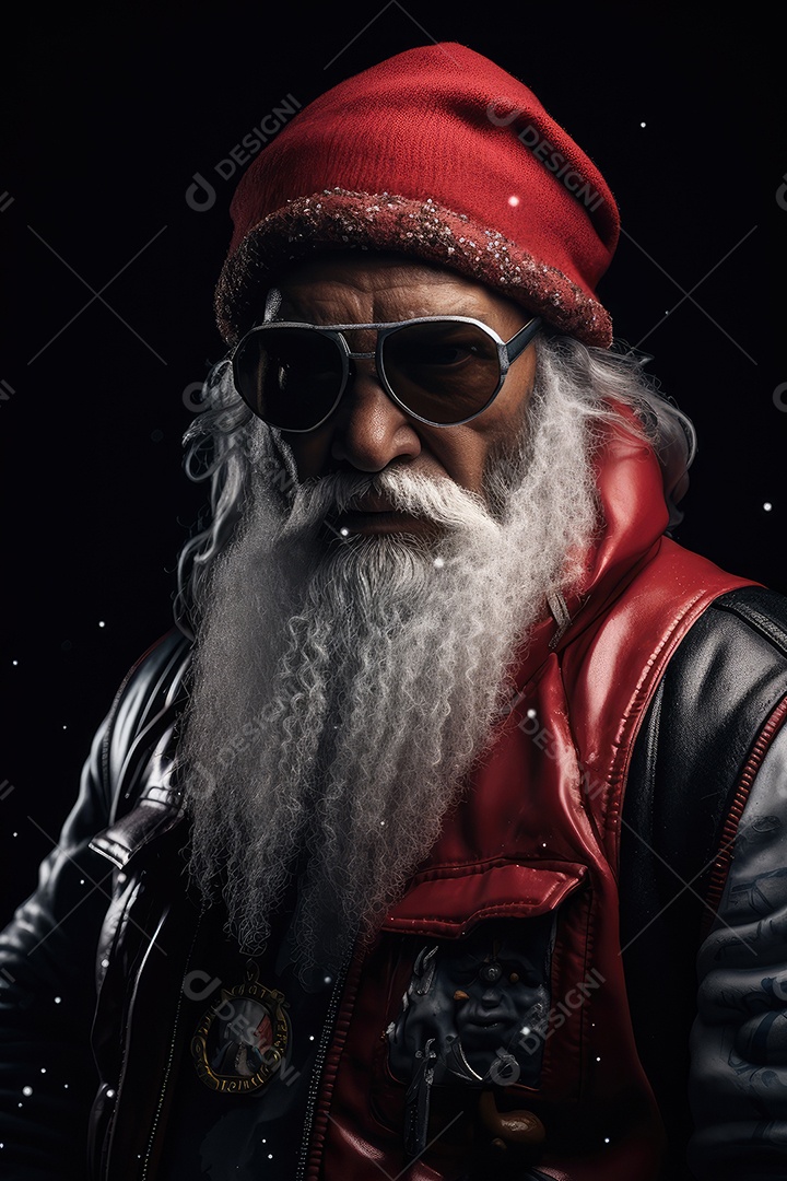 Retrato de Papai Noel com cara de gangster, roqueiro e motociclista
