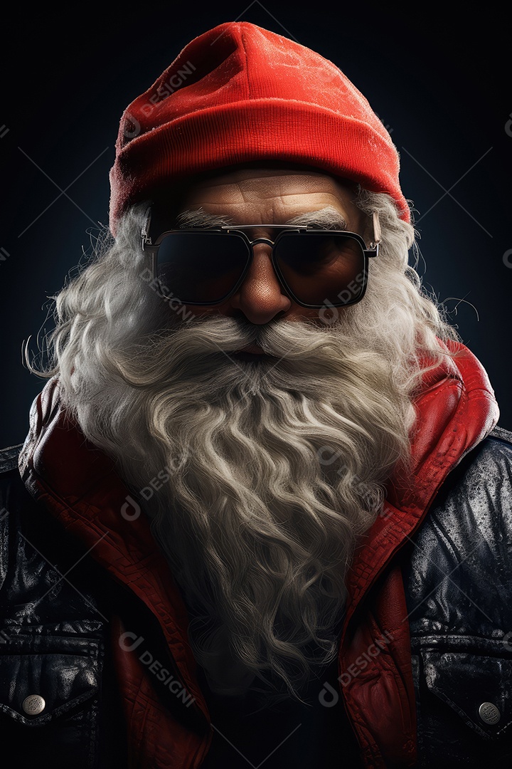 Retrato de Papai Noel com cara de gangster, roqueiro e motociclista