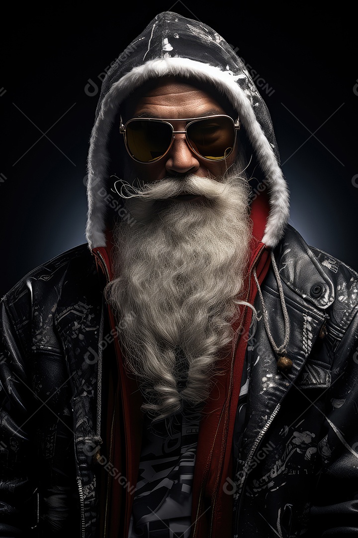 Retrato de Papai Noel com cara de gangster, roqueiro e motociclista