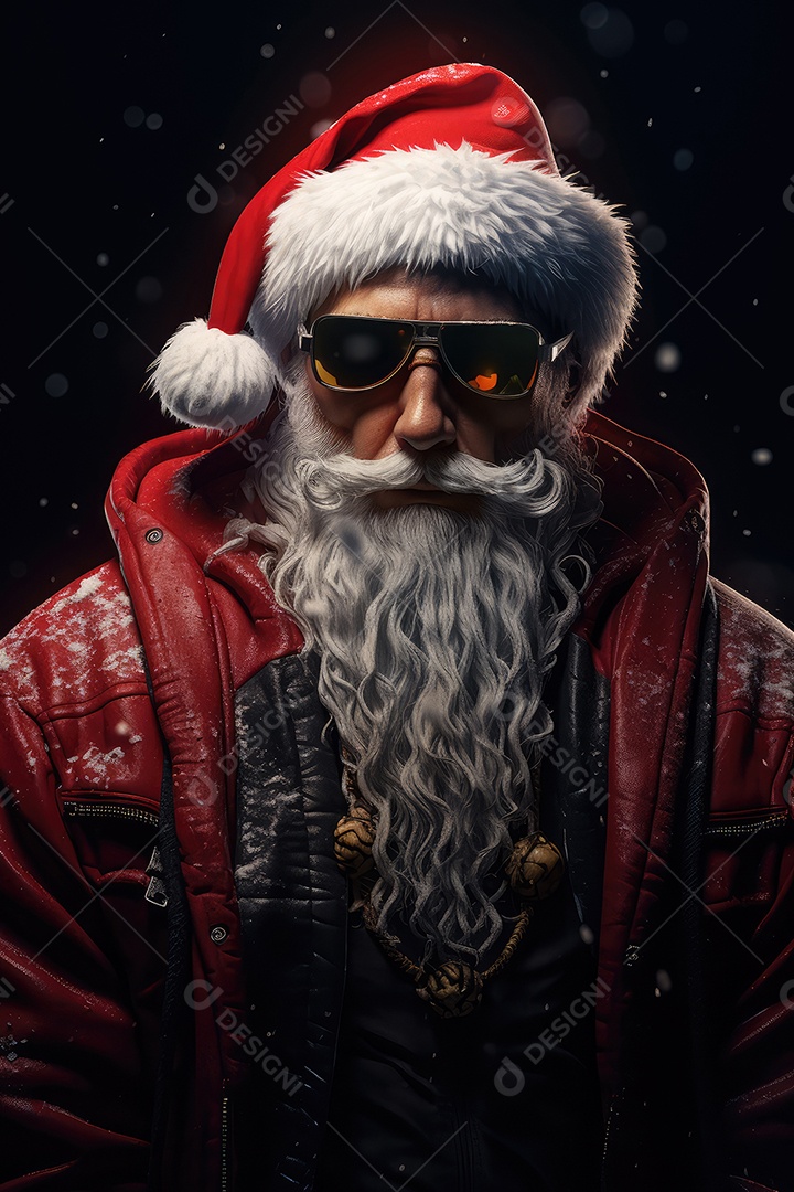 Retrato de Papai Noel com cara de gangster, roqueiro e motociclista