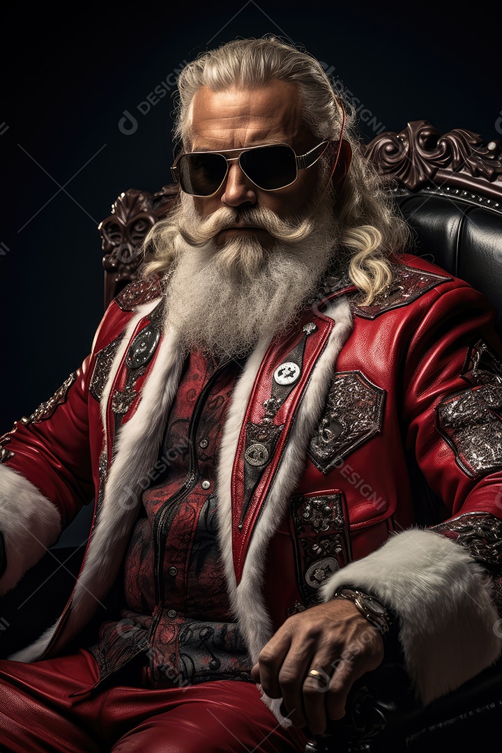 Retrato de Papai Noel com cara de gangster, roqueiro e motociclista