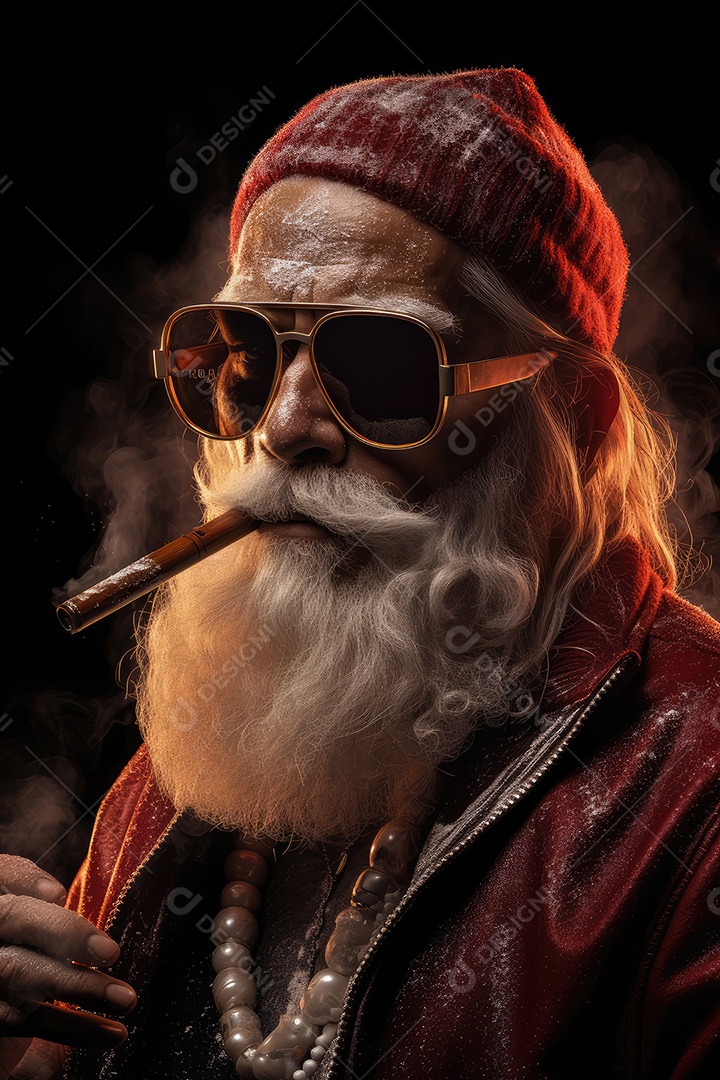 Retrato de Papai Noel com cara de gangster, roqueiro e motociclista