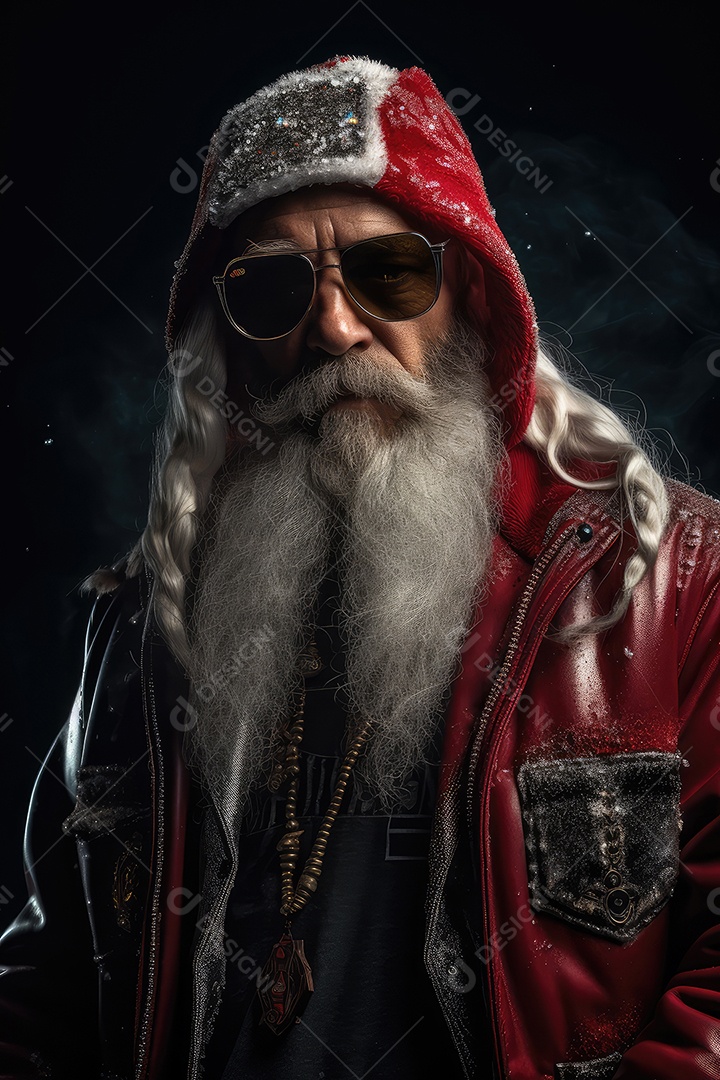 Retrato de Papai Noel com cara de gangster, roqueiro e motociclista