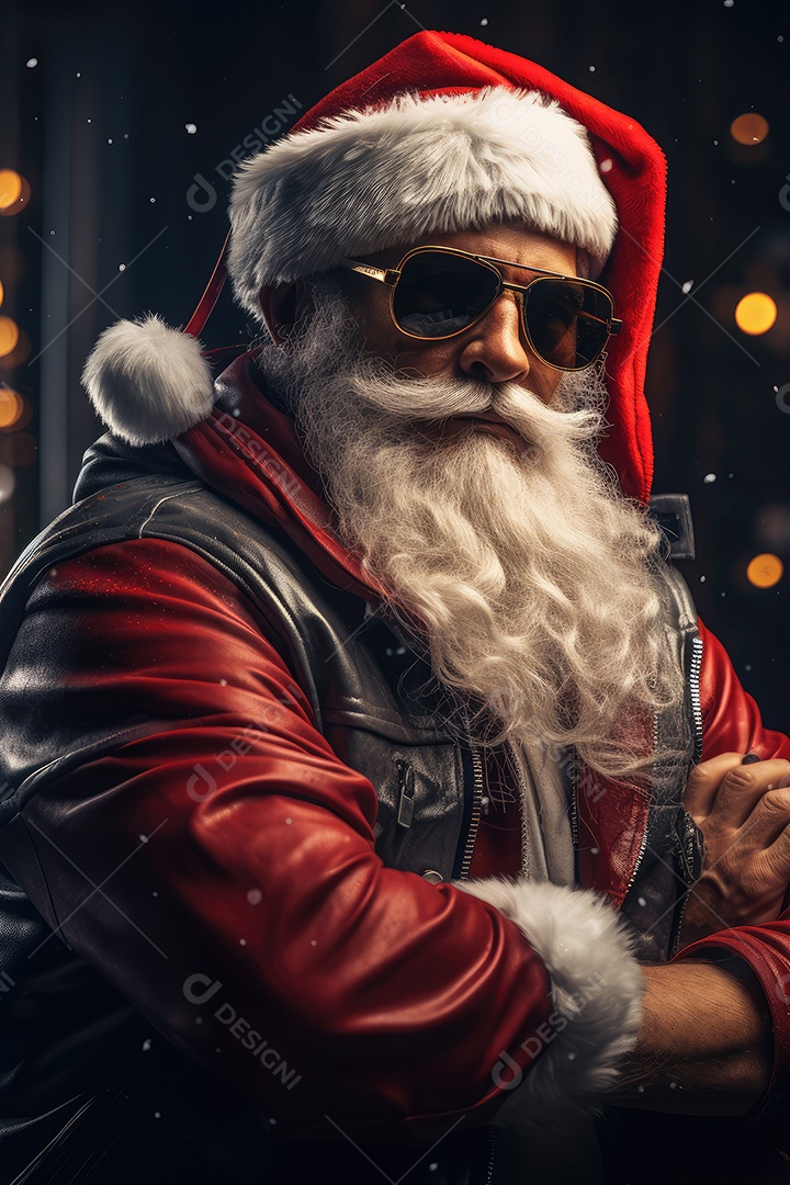 Retrato de Papai Noel com cara de gangster, roqueiro e motociclista