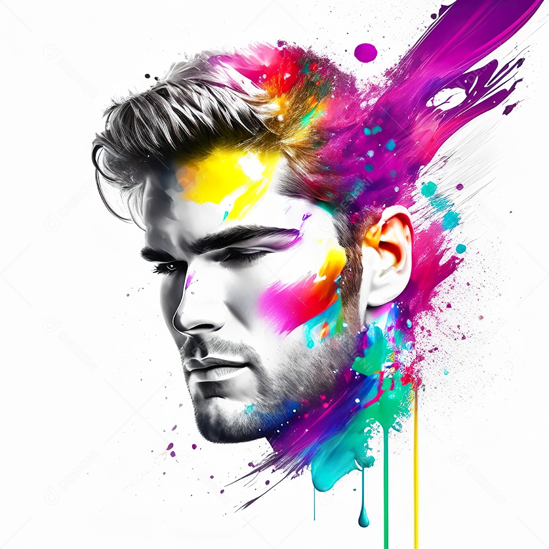 Homem pintar retrato branco respingo de tinta