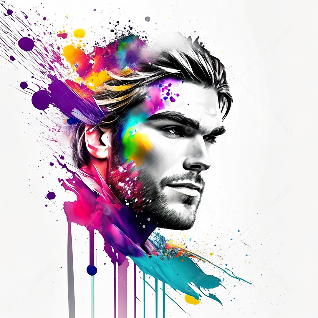 Homem pintar retrato branco respingo de tinta