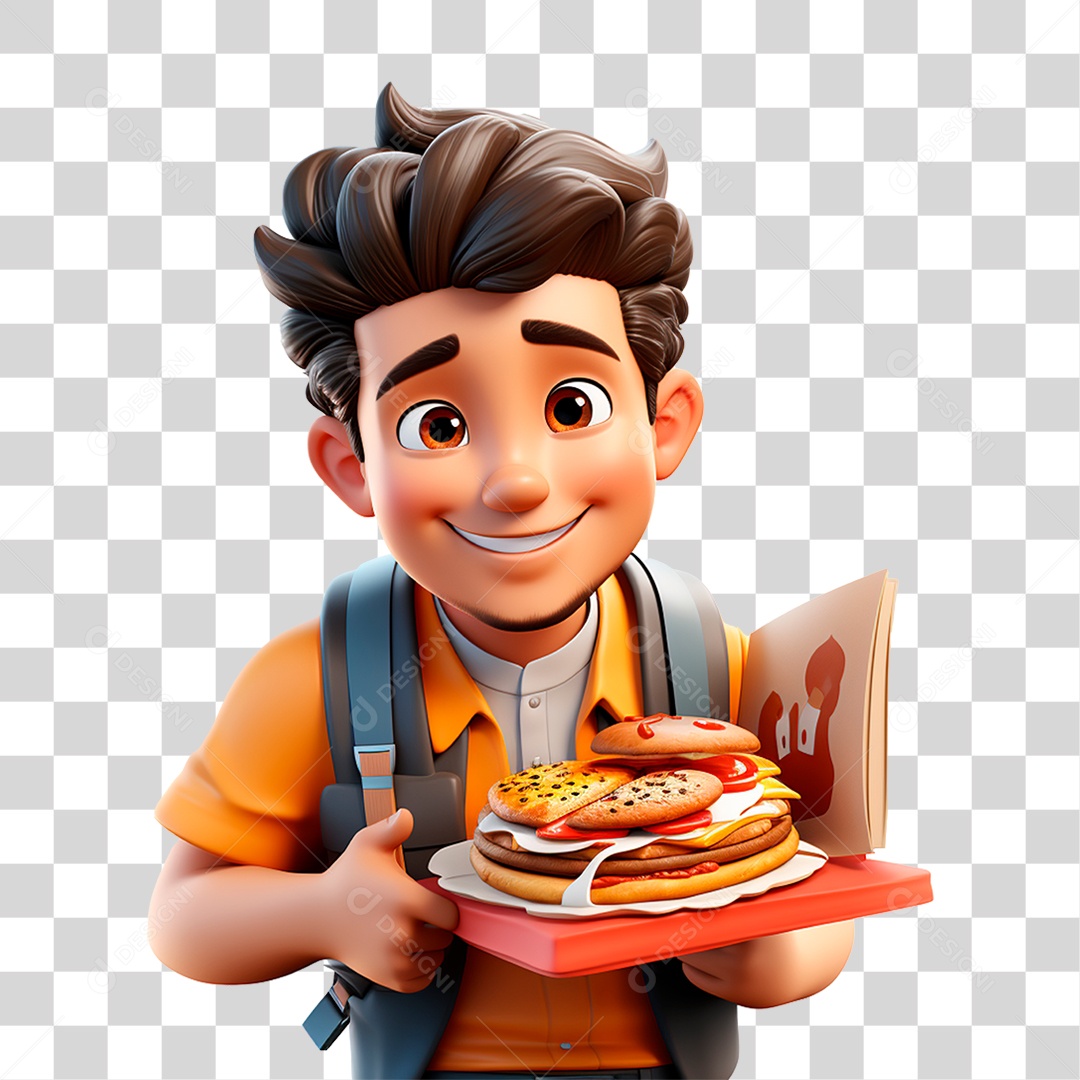 Estudante com lanche nas Mãos e Mochila nas Costas PNG Transparente