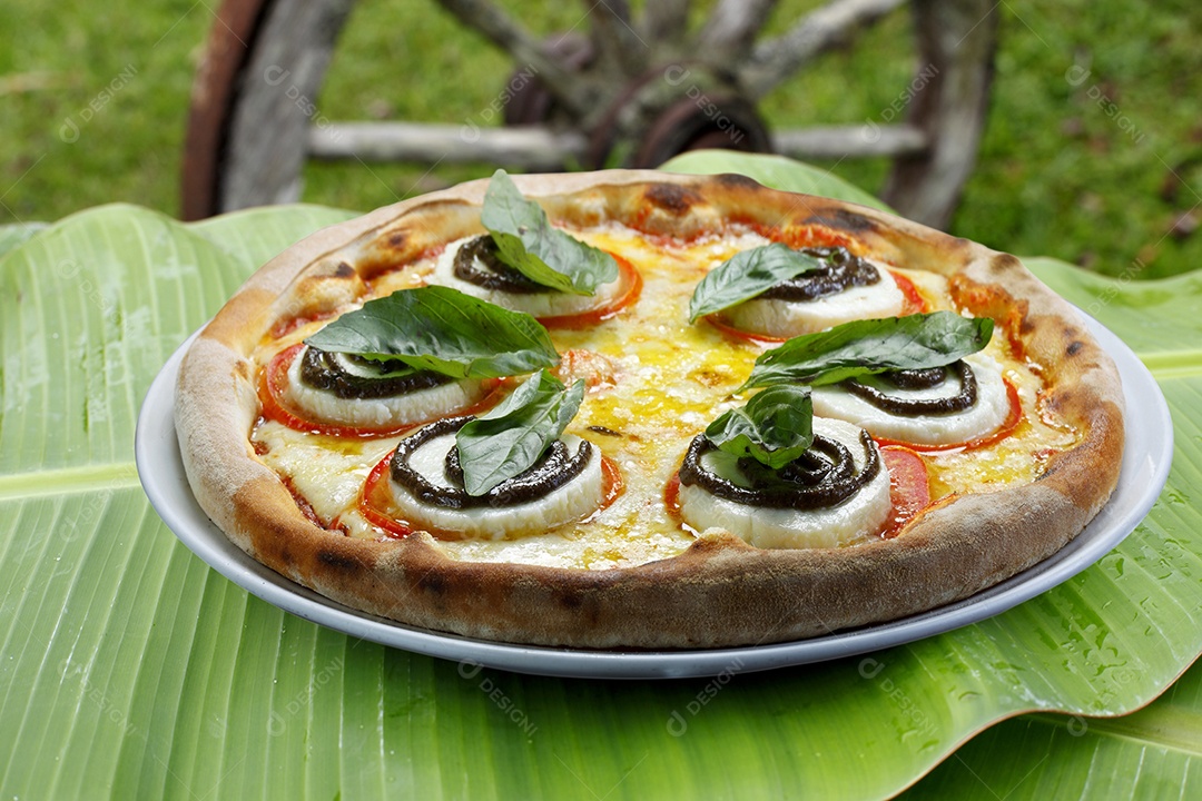 Pizza de queijo com tomate e folhas