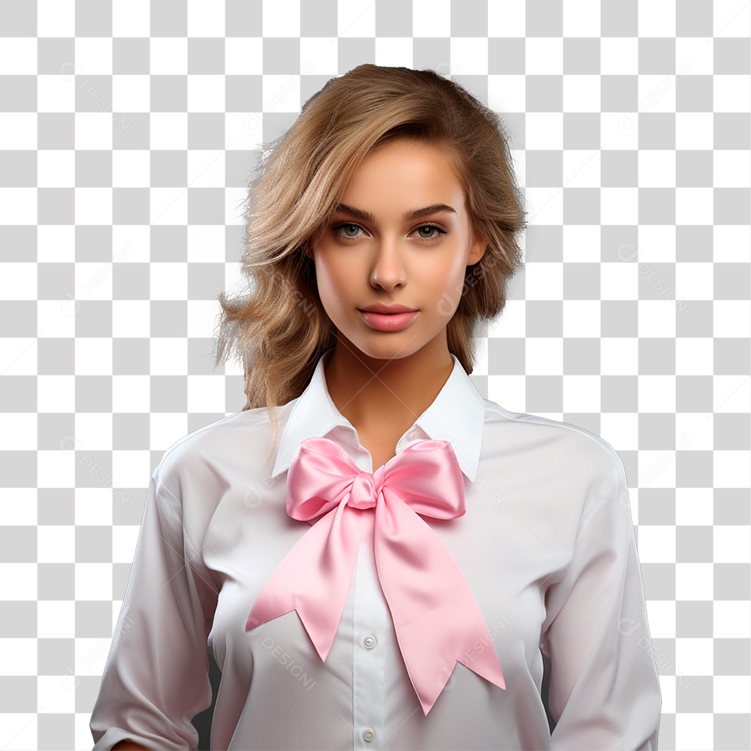 Mulher com Camisa Branca e Laço Rosa PNG Transparente