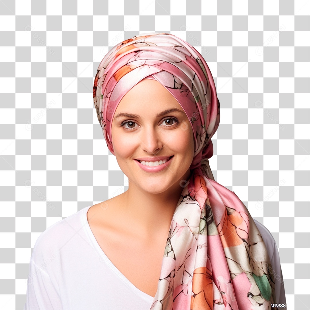 Mulher sem Cabelo Sorridente com Pano na Cabeça PNG Transparente