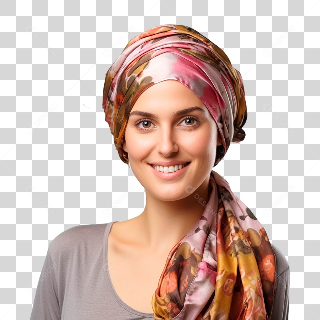 Mulher sem Cabelo Sorridente com Pano na Cabeça PNG Transparente