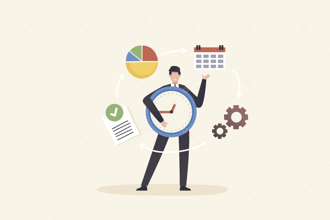 Empresário Segurando Relógio e Várias Ferramentas Flutuando ao Redor Vetor EPS