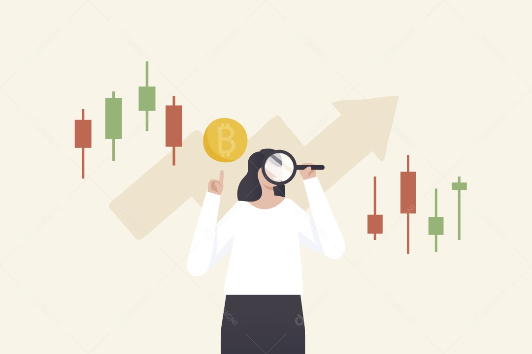 Empresária com Lupa Observando Gráfico de Bolsa de Valores Vetor EPS