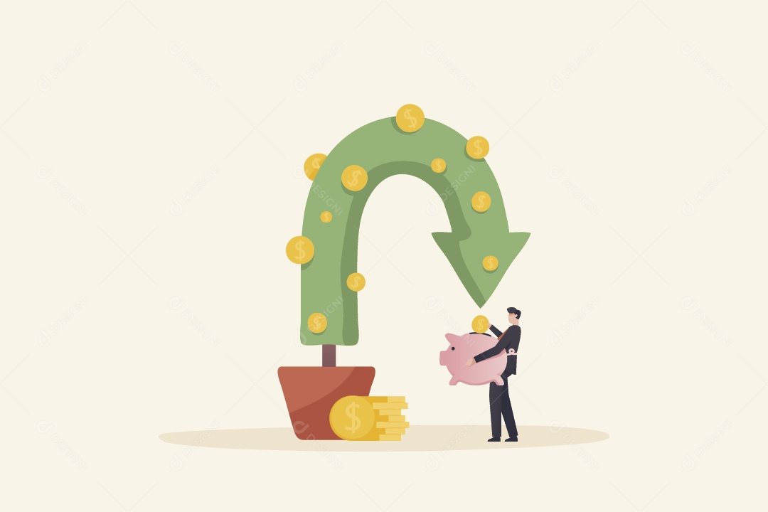 Empresário Colhendo Moedas de Árvore de Dinheiro em Cofrinho Vetor EPS