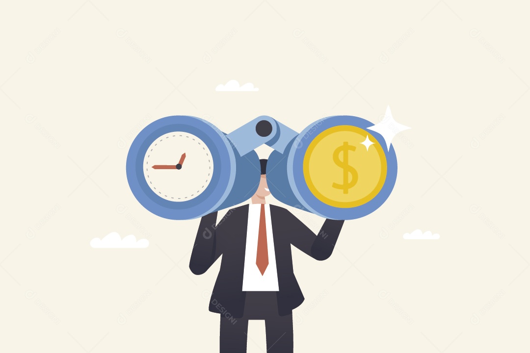 Empresário Olhando em Binóculos Dinheiro e Tempo Vetor EPS