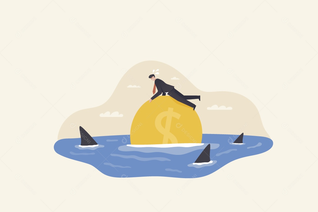 Empresário Deitado em Moeda no Meio do Mar com Tubarões Vetor EPS