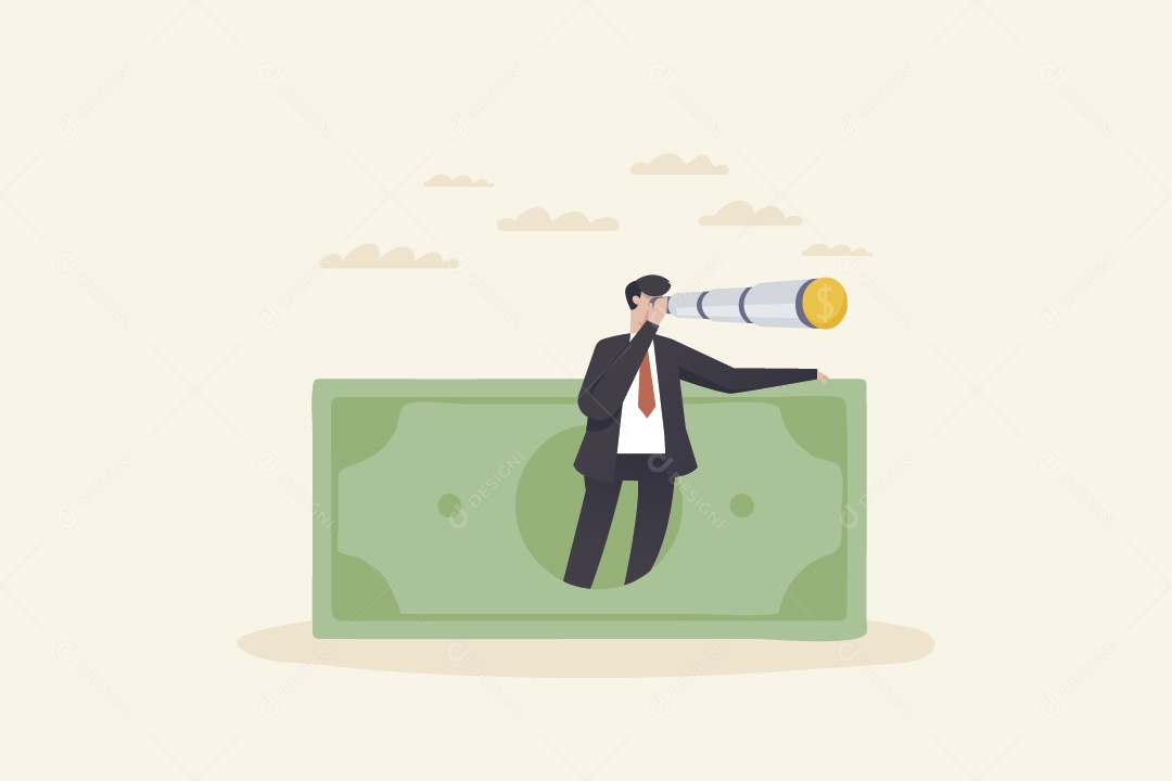 Empresário em Nota de Dinheiro Olhando Telescópio Vetor EPS