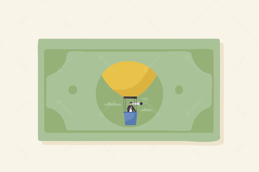 Empresário Olhando em Telescópio Voando em Balão de Ar Vetor EPS