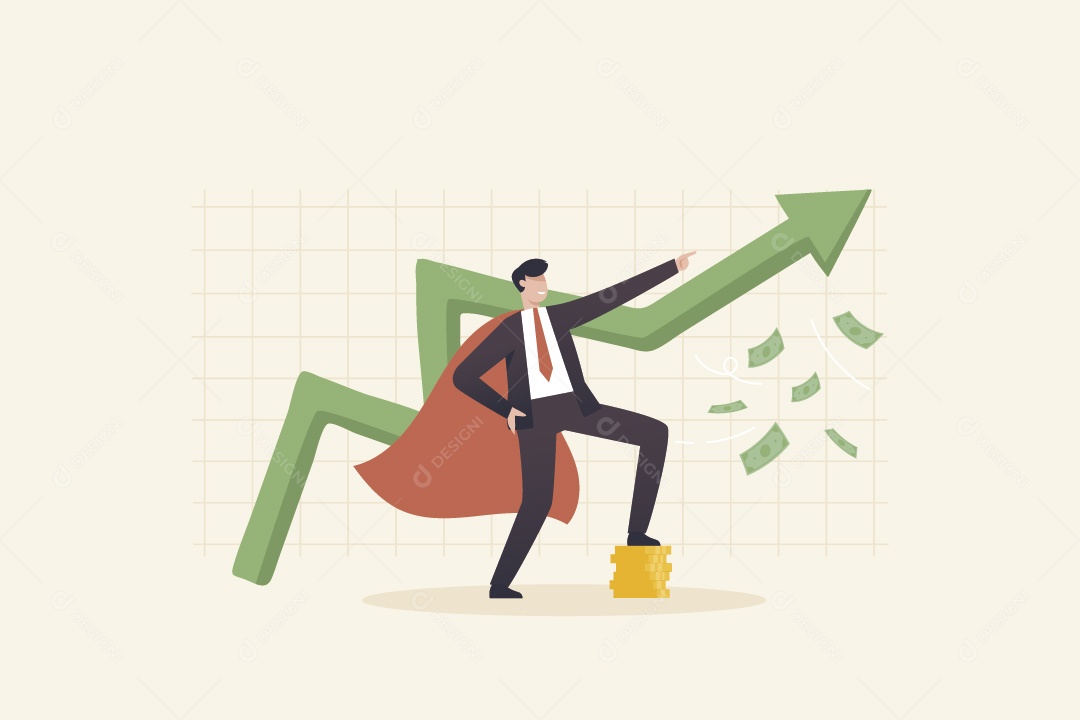 Empresário Usando Capa de Super Herói e Apontando pro Gráfico Vetor EPS