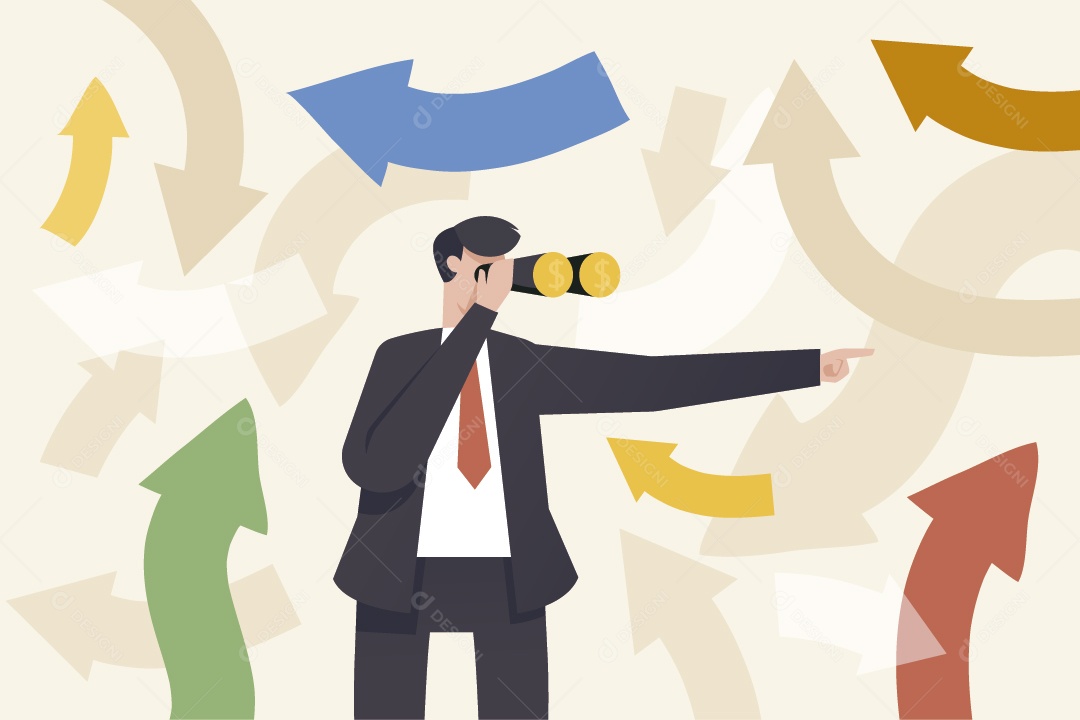 Empresário Olhando em Binóculos para Setas de Várias Direção Vetor EPS