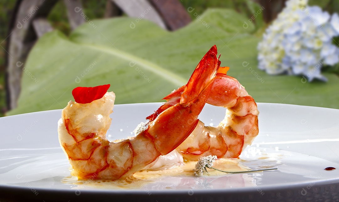 Camarão delicioso sobre um prato branco