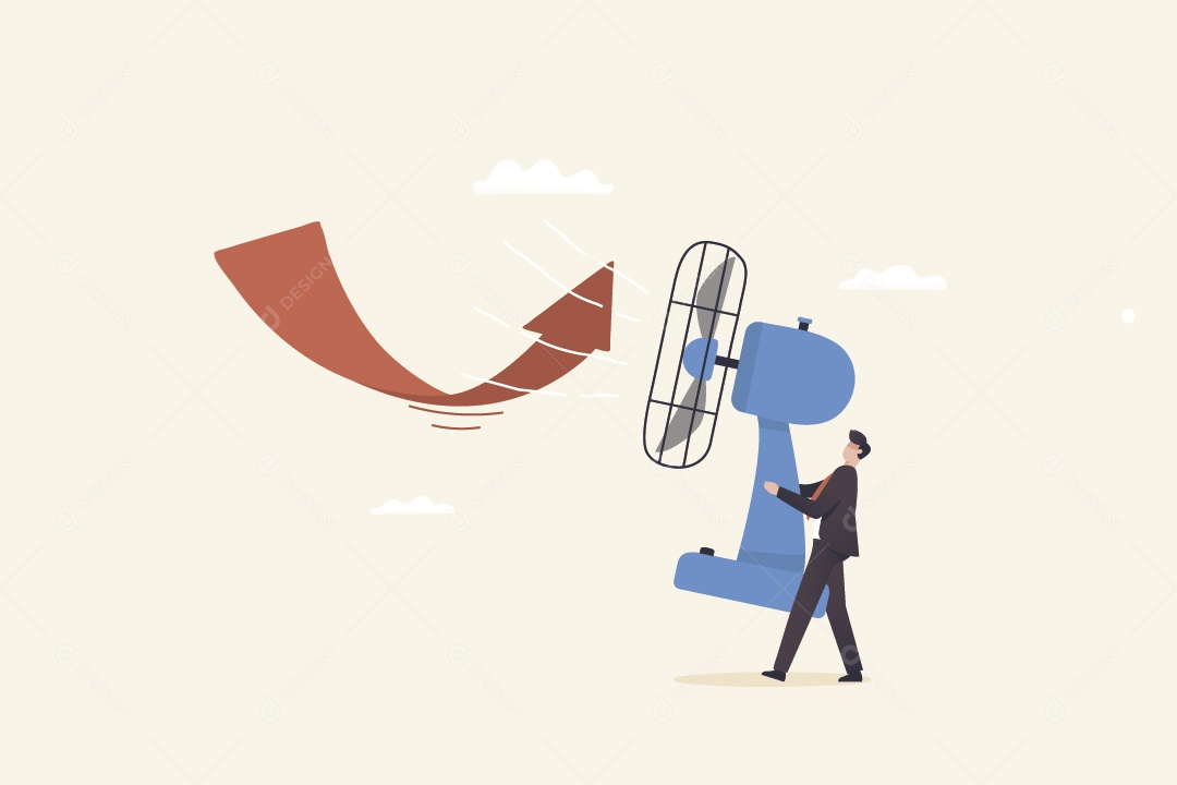 Empresário Segurando Ventilador Jogando Ar na Seta Vetor EPS