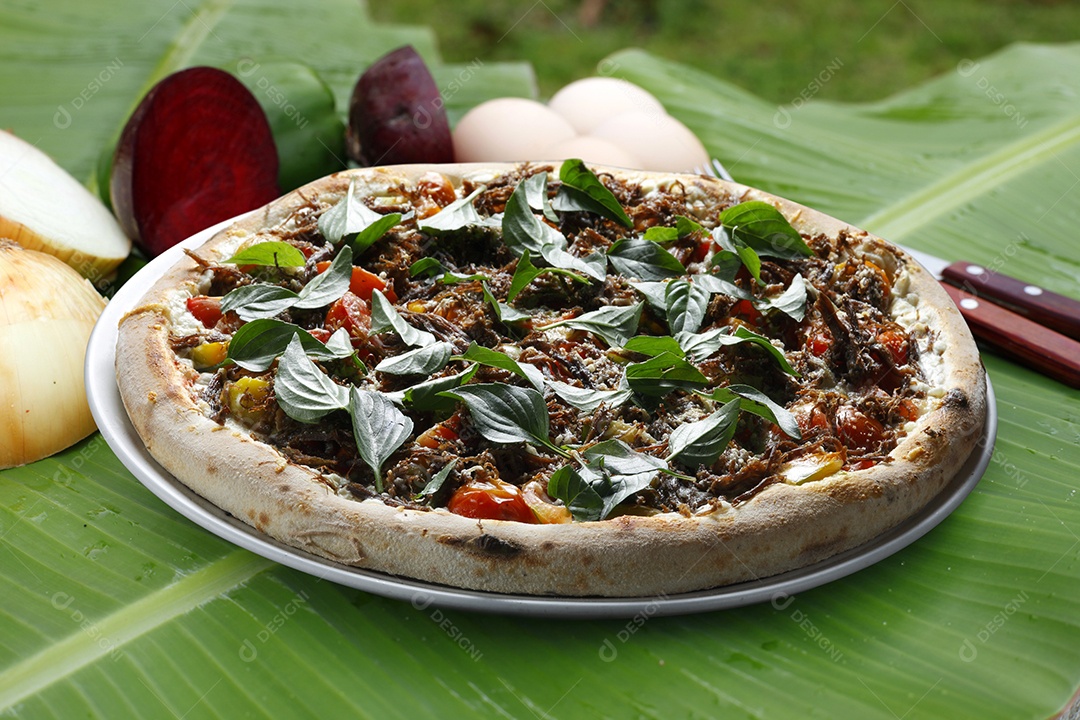 Pizza de tomate com queijo e carne