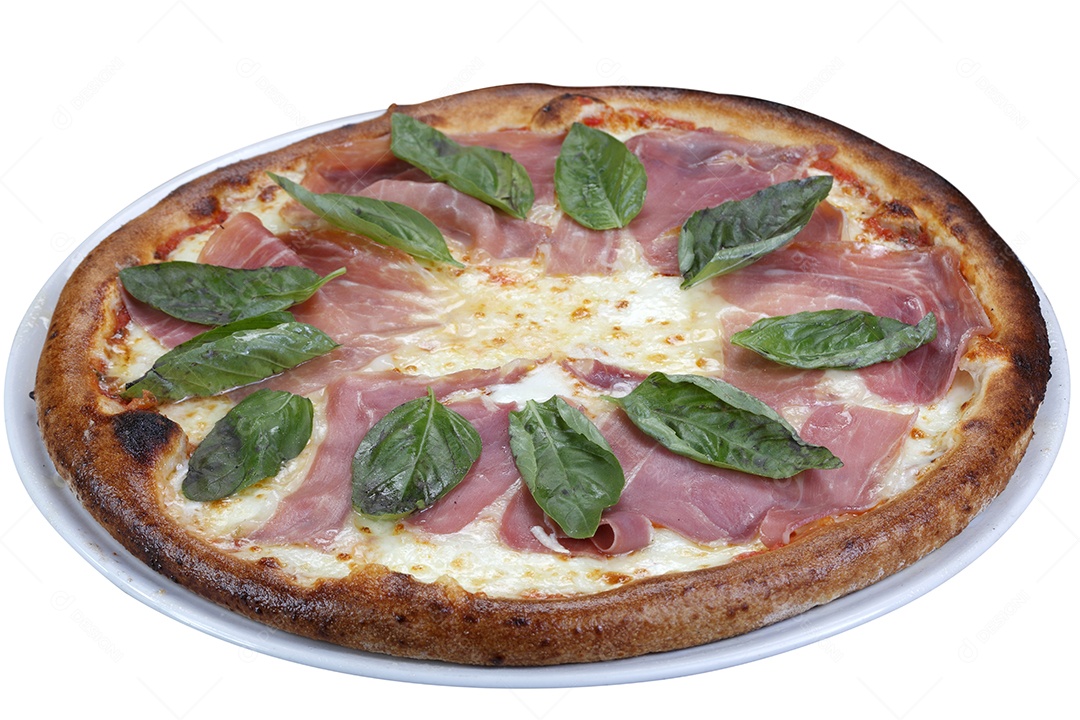 Pizza de queijo com presunto e manjericão