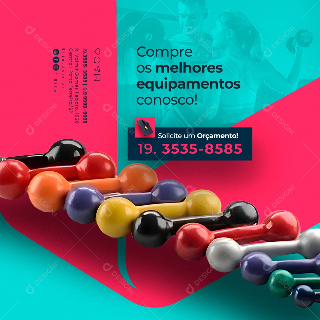 Academias Equipamentos Compre os Melhores Equipamentos Conosco Social Media PSD Editável