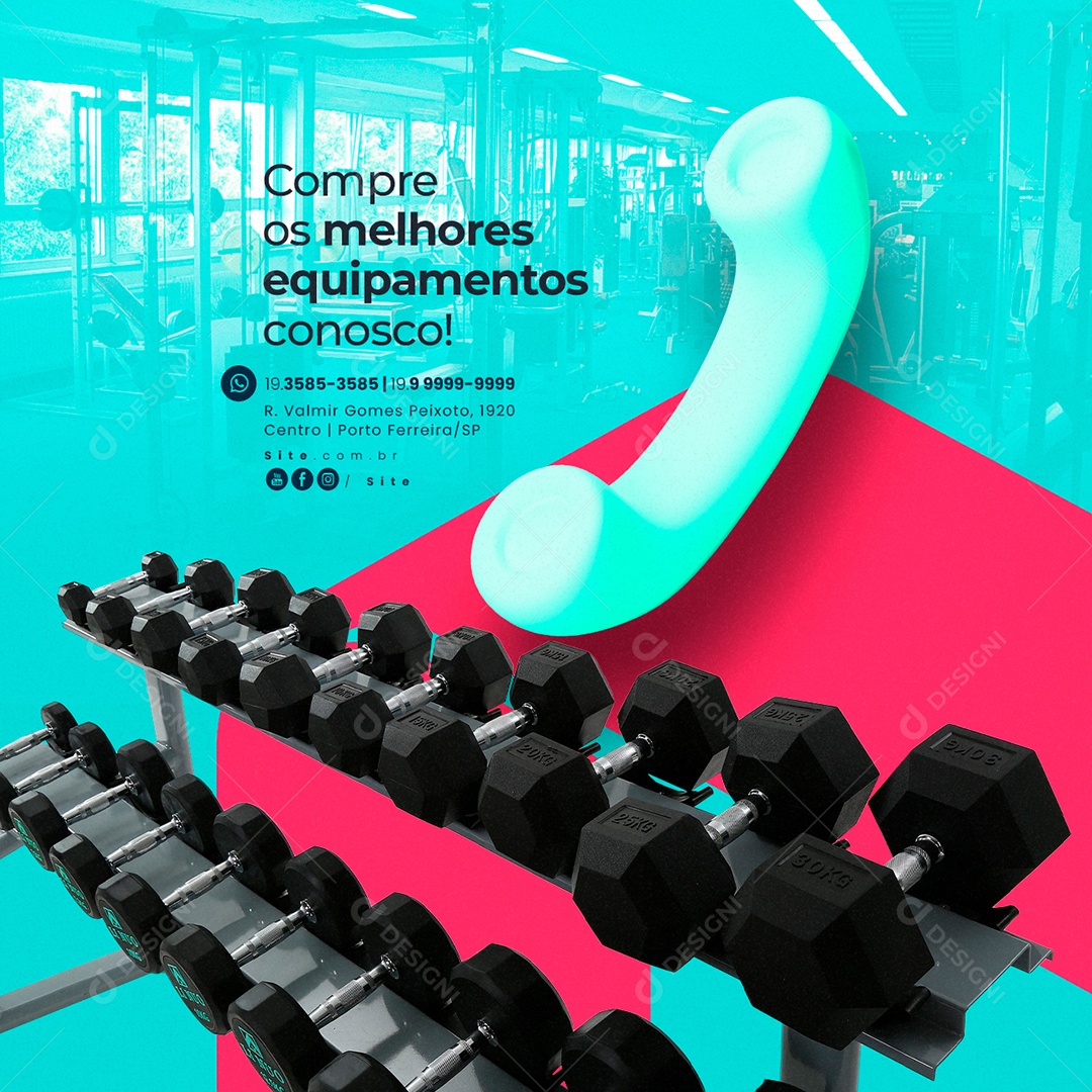 Equipamentos de Academia Compre os Melhores Equipamentos Conosco Social Media PSD Editável