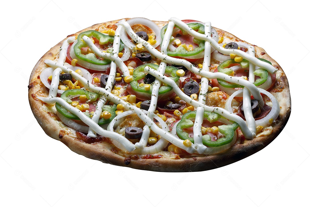 Pizza de cream cheese azeitonas pretas tomate pimentão cebola e milho