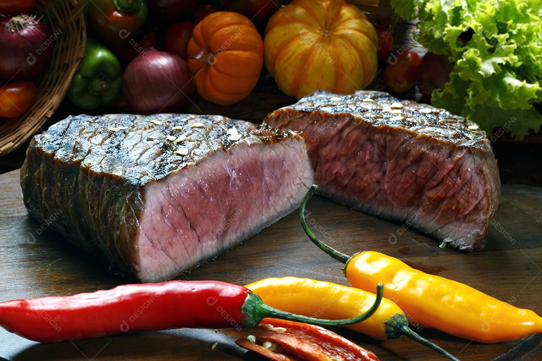 Bife grelhado mal passado sobre mesa de madeira