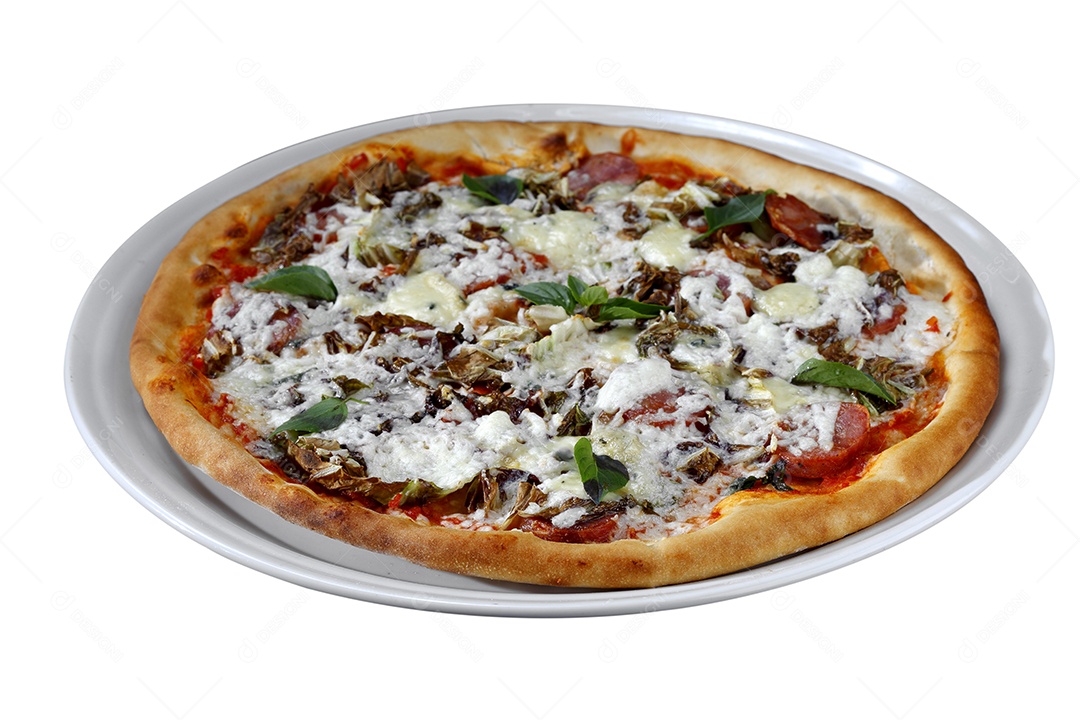 Deliciosa pizza assada sobre fundo branco isolado