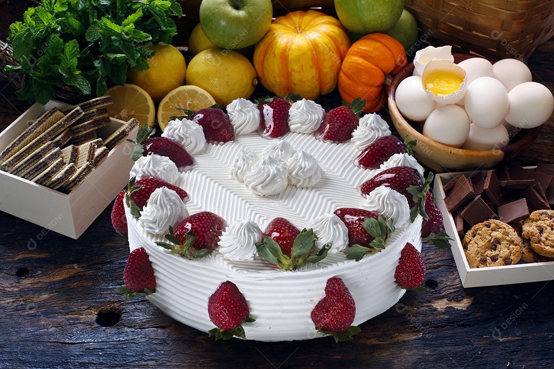 Bolo de chantilly com morango em uma mesa cheia de alimentos