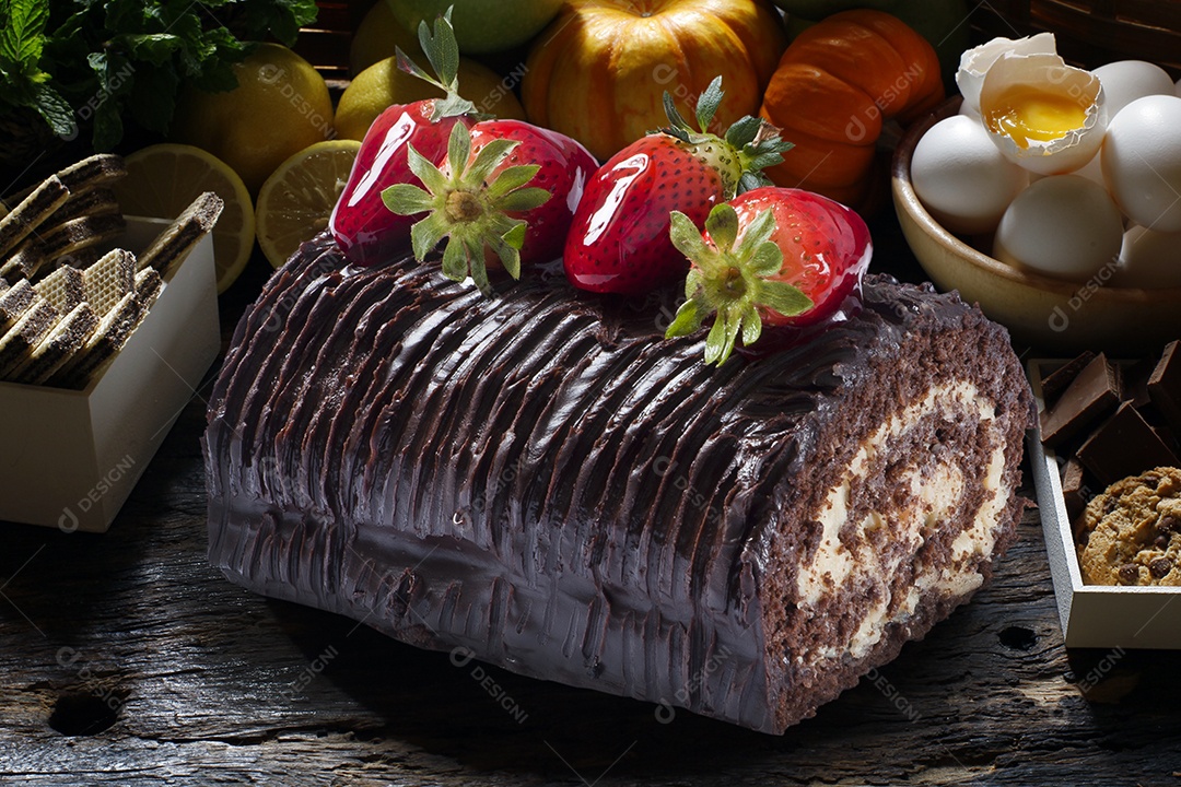 Bolo de aniversário de morango com chantilly e chocolate