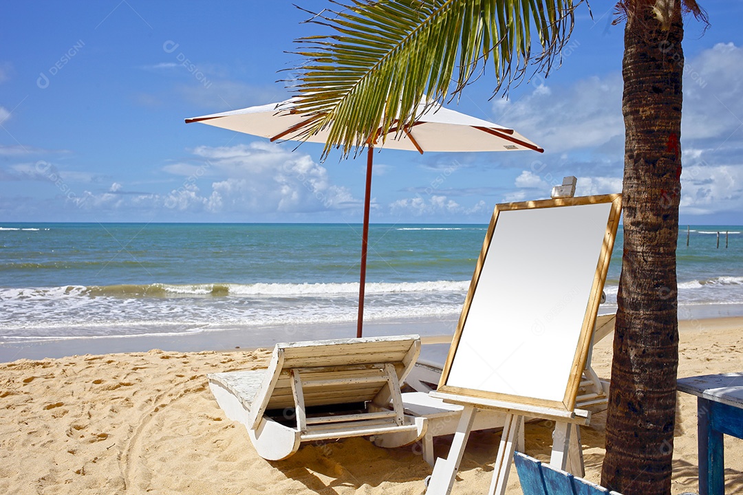 Uma linda paisagem de cadeira de praia e guarda chuva