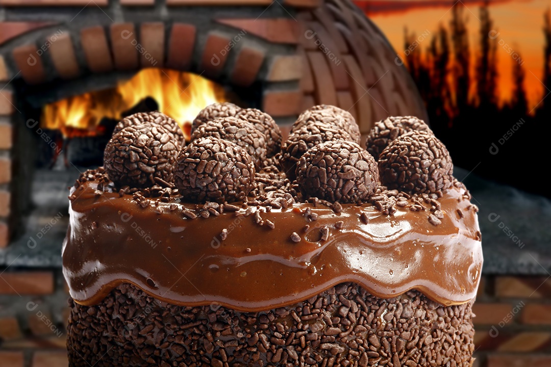 Bolo de chocolate com bombom sobre fundo de um forno