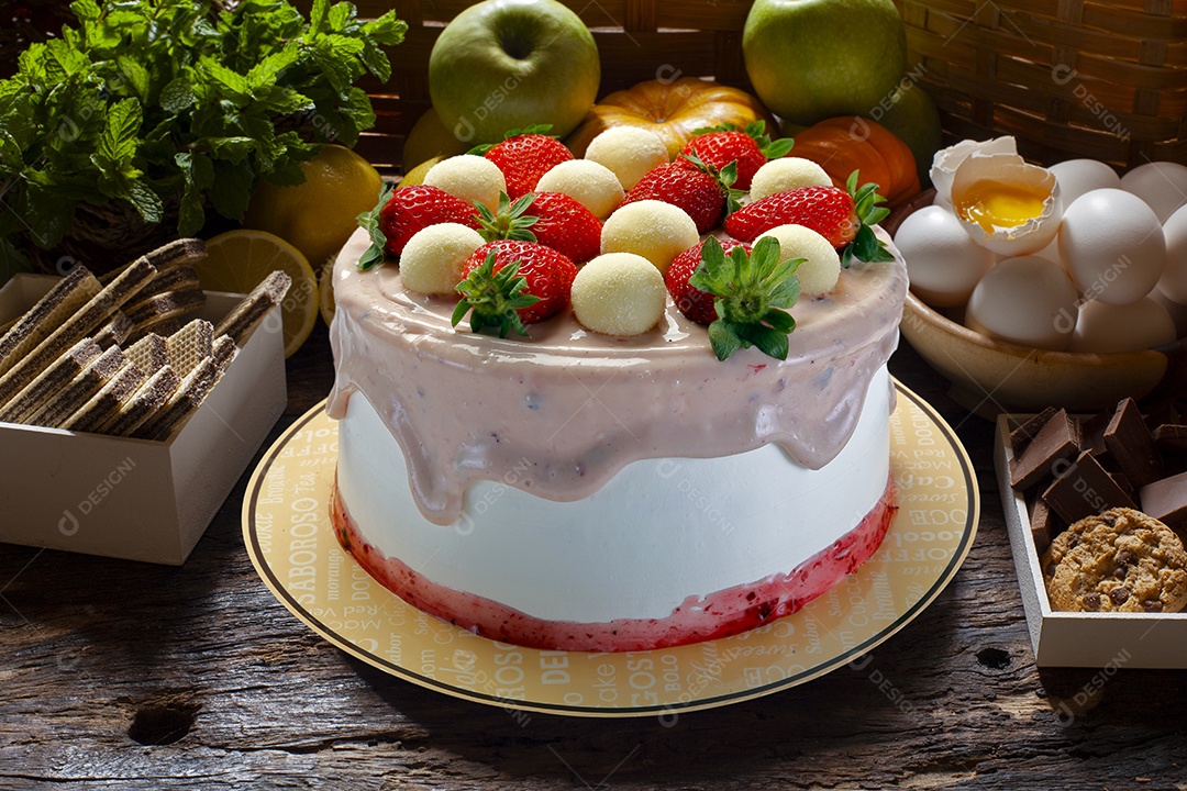 Bolo red velvet com frutas e beijinho