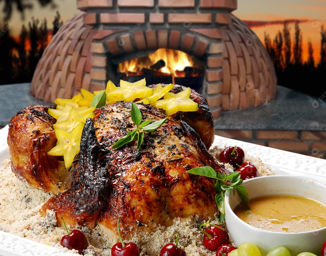 Frango assado no forno a lenha