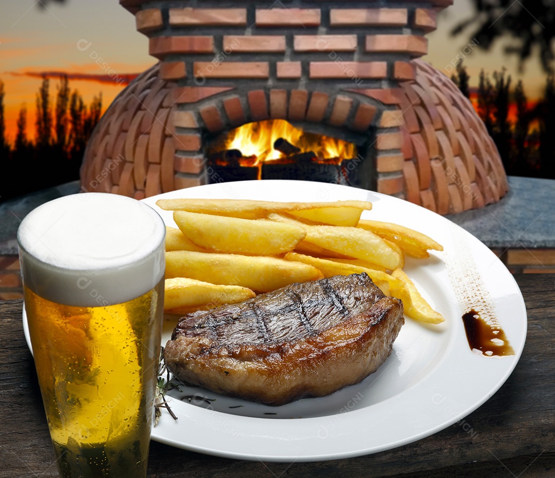 Bife assado com batatas fritas