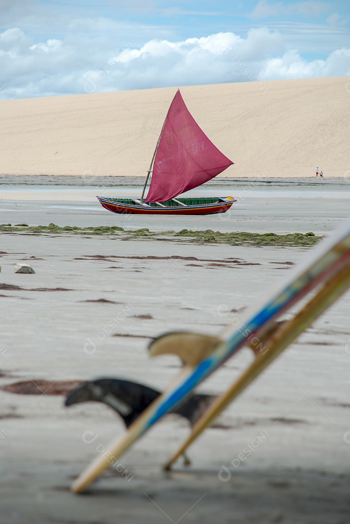 Praia com barco ancorado e detalhes de uma prancha