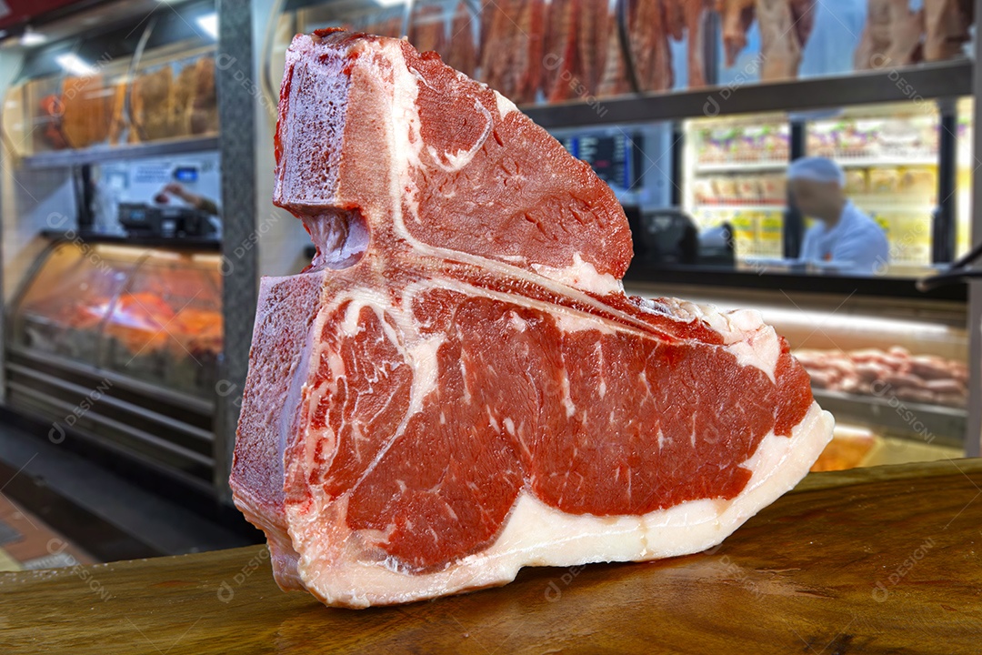 Bife T Bone cru sobre mesa de madeira