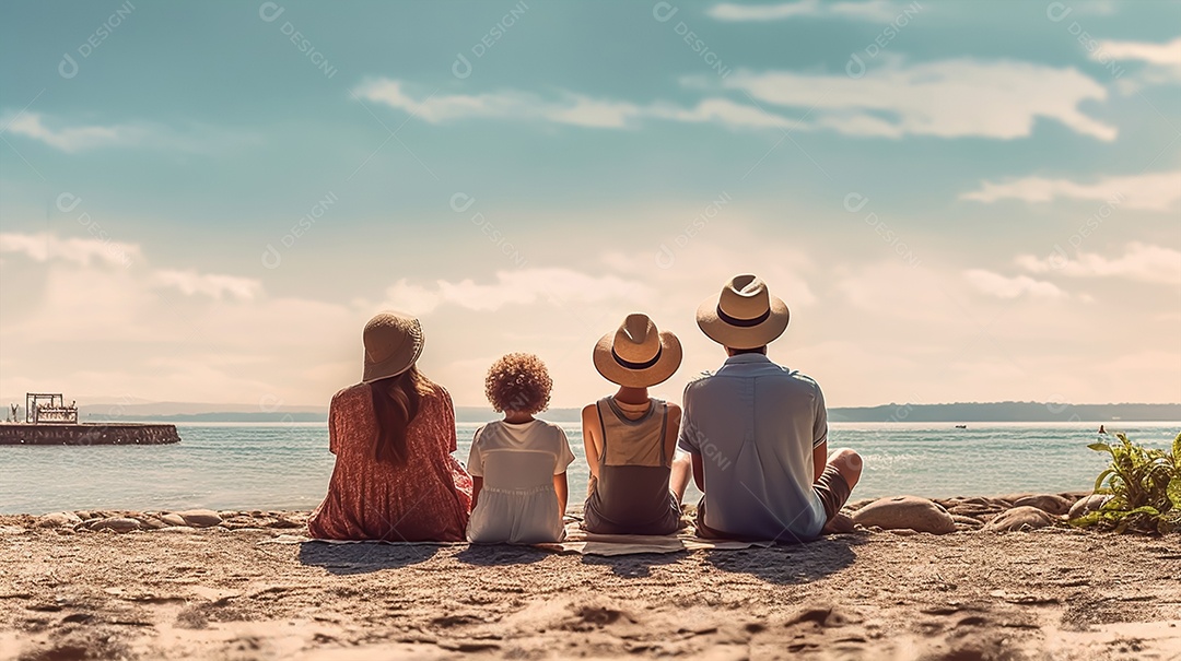 Família feliz sentada na praia e olhando para o mar no verão
