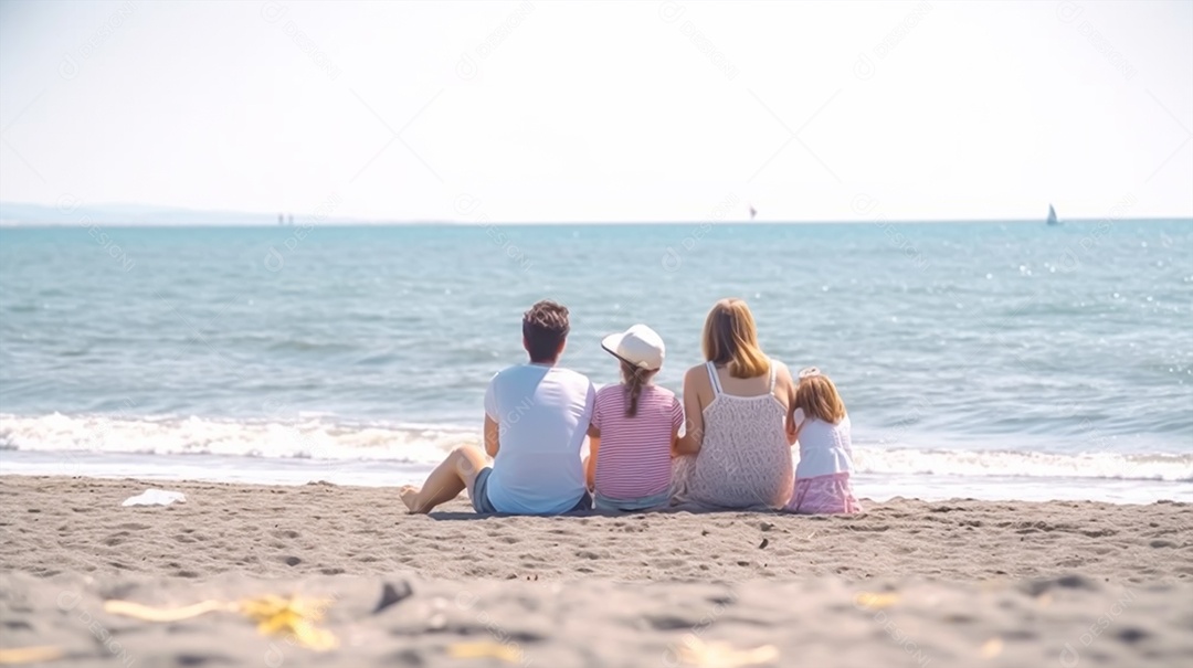 Família feliz sentada na praia e olhando para o mar no verão