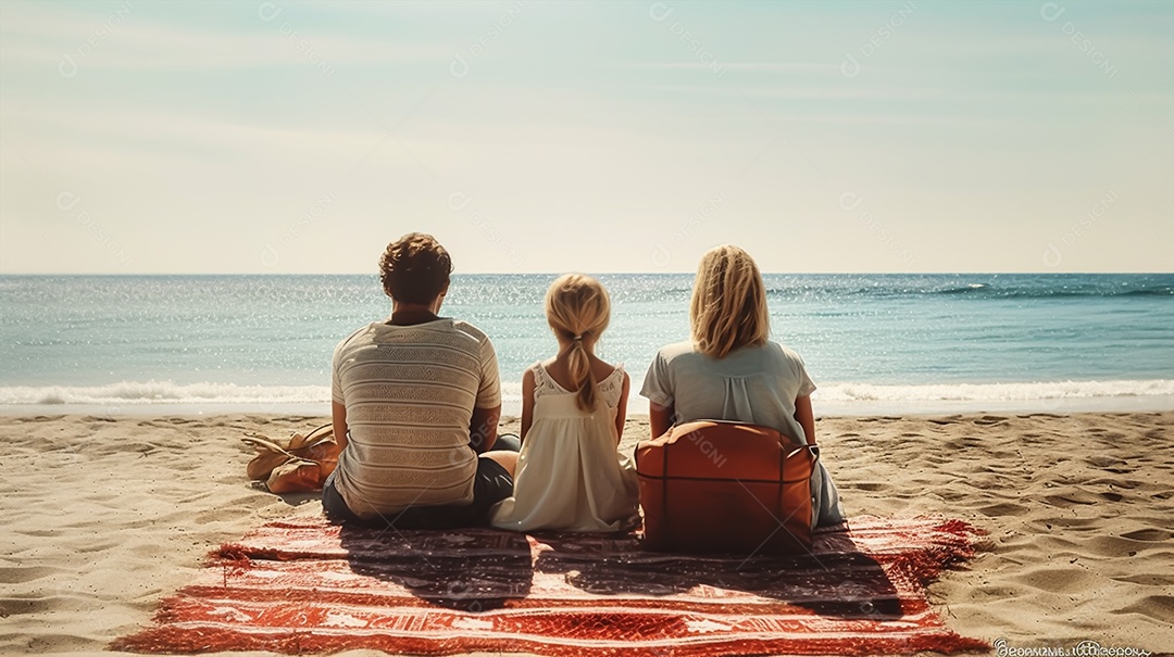 Família feliz sentada na praia e olhando para o mar no verão