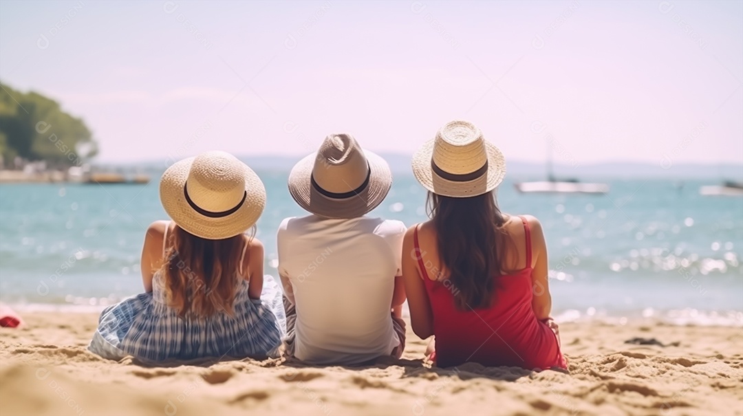 Três amigas viajantes na praia