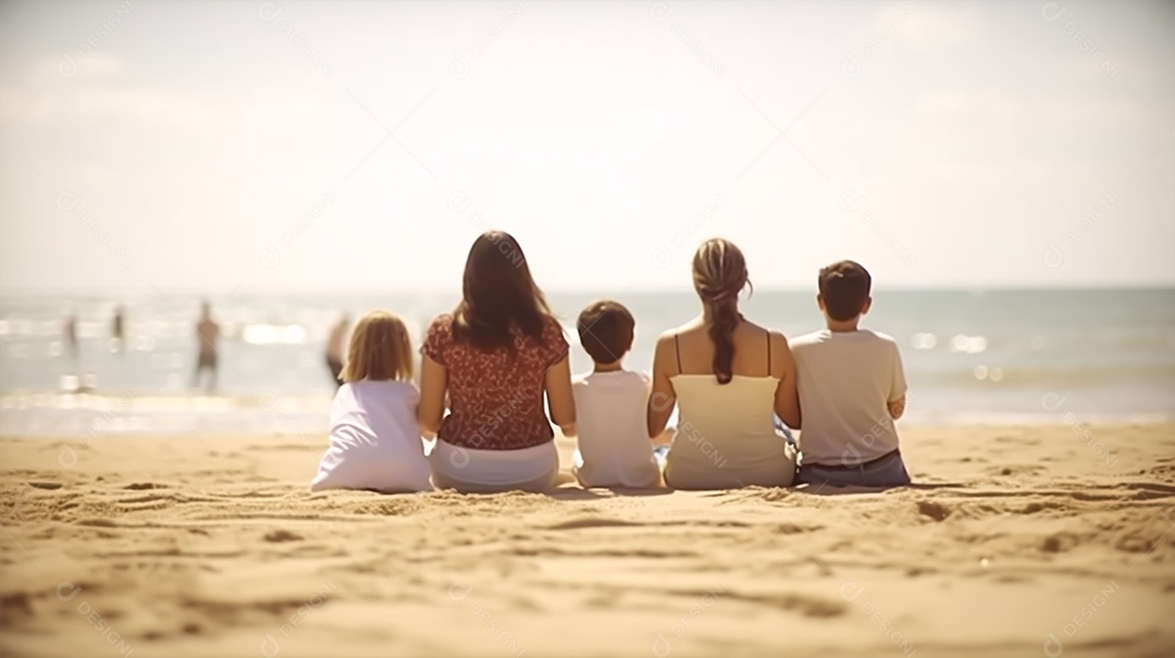 Família em viagem na praia