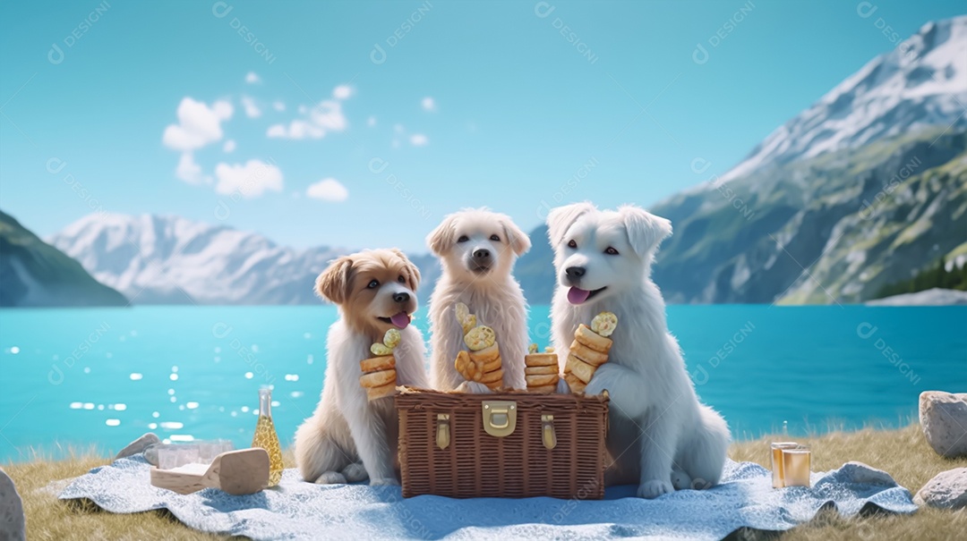 Cães retriever dourado sentado na praia perto do lago com montanhas ao fundo