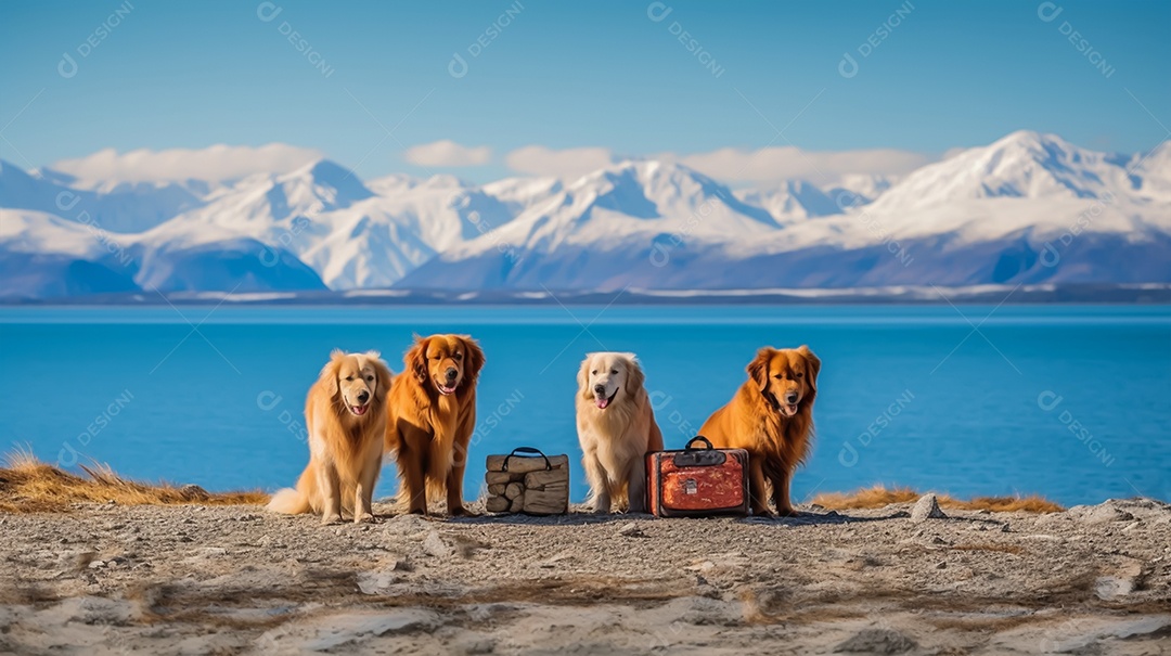 Cães retriever dourado sentado na praia perto do lago com montanhas ao fundo